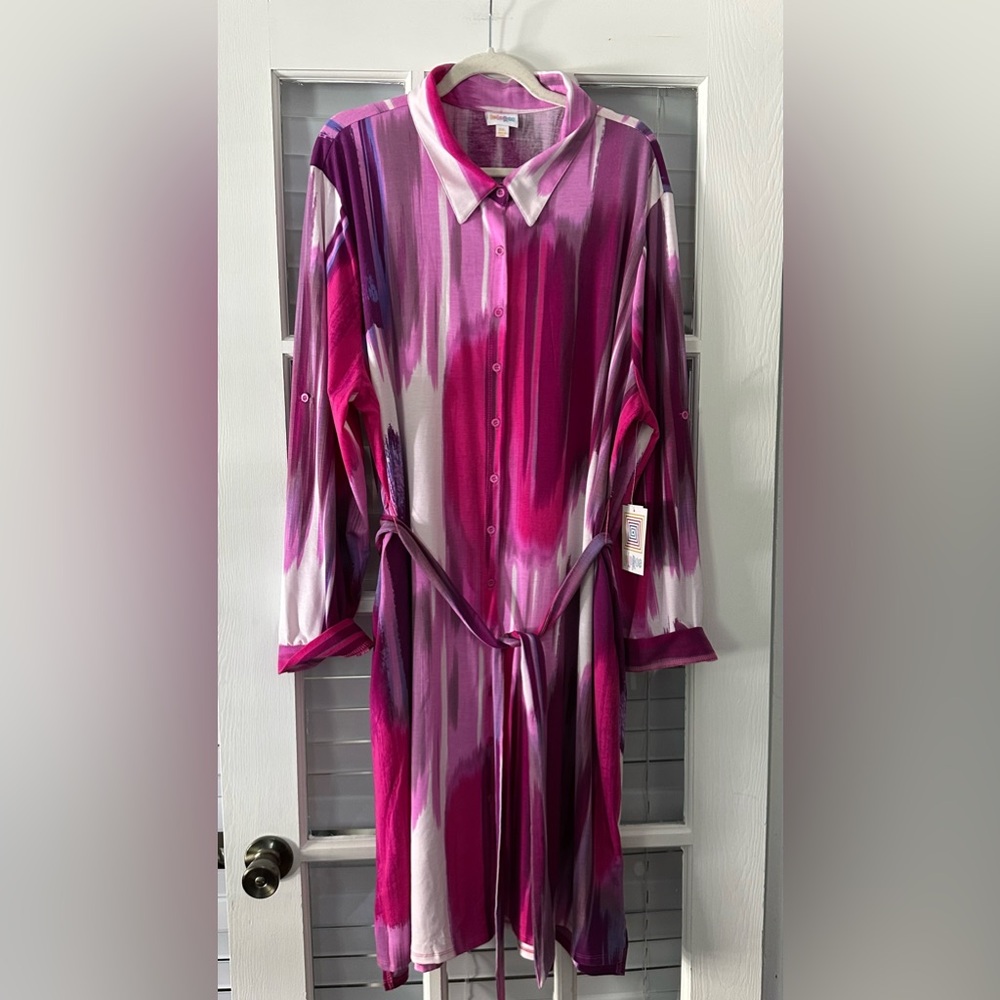 NWT LulaRoe Women’s 3XL Ellie Pink White Button Down Belted Dress | SKU 0293